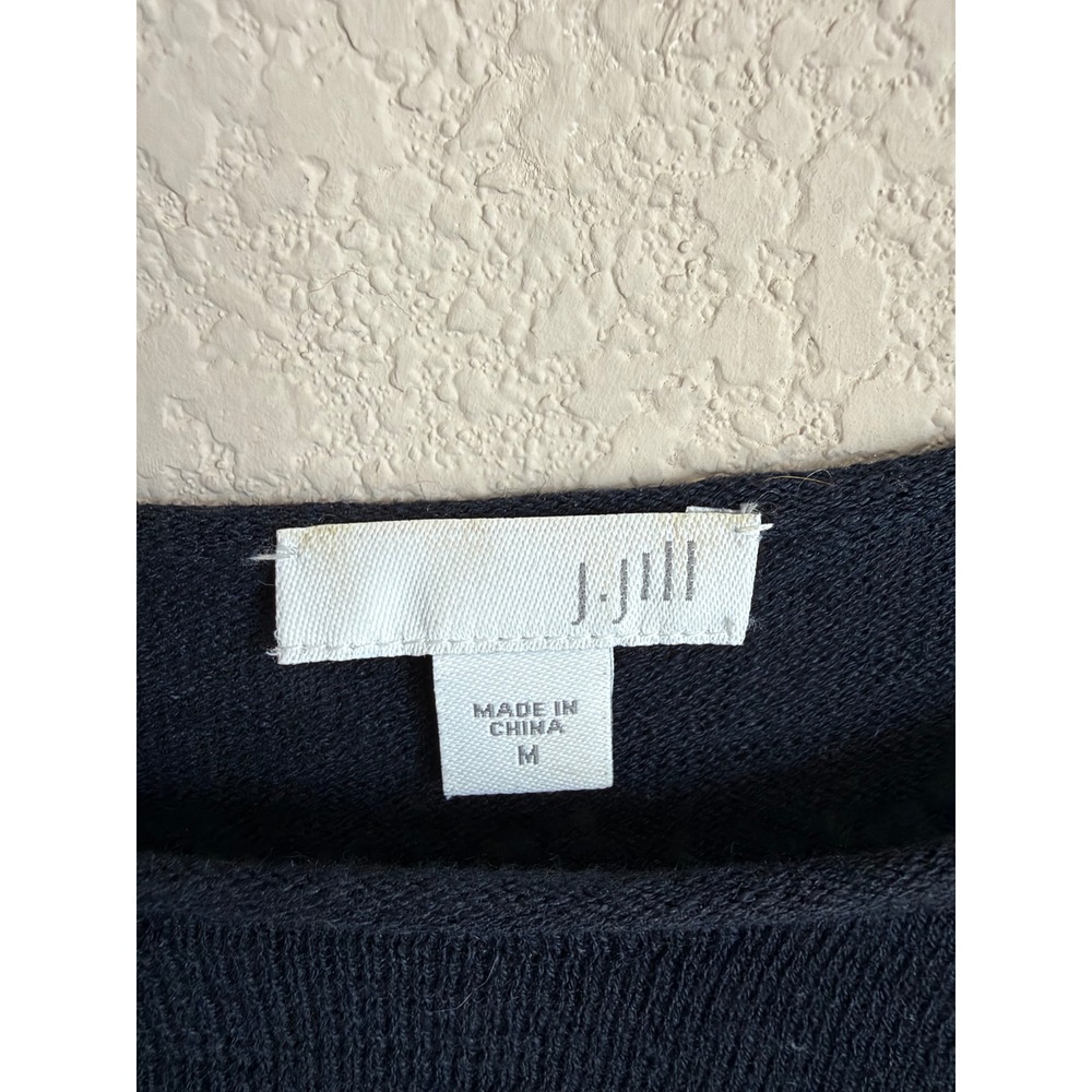 J. Jill Linen Cotton Sweater Top Navy Blue 3/4 Sleeve Pocket Button Cuffs M